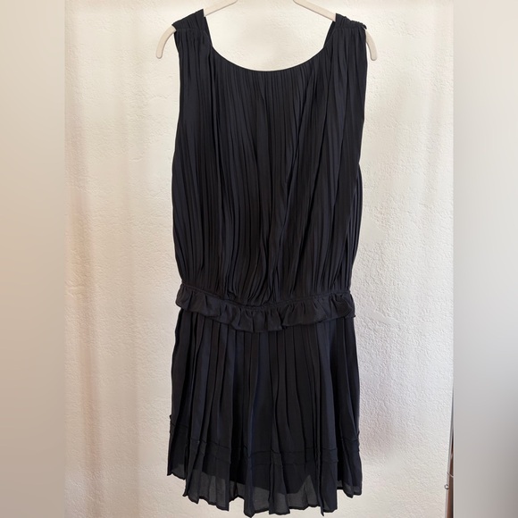 Anine Bing Black Pleated Silk Mini Dress Deep V Ruffle Trim - Picture 7 of 9